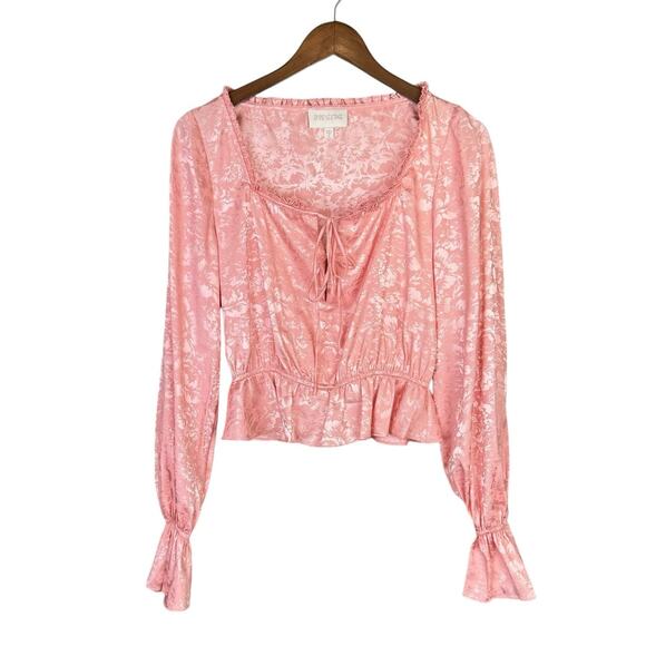 Divine Heritage Pink Floral Jacquard Satin Long Sleeve Peasantcore Blouse - Picture 8 of 13
